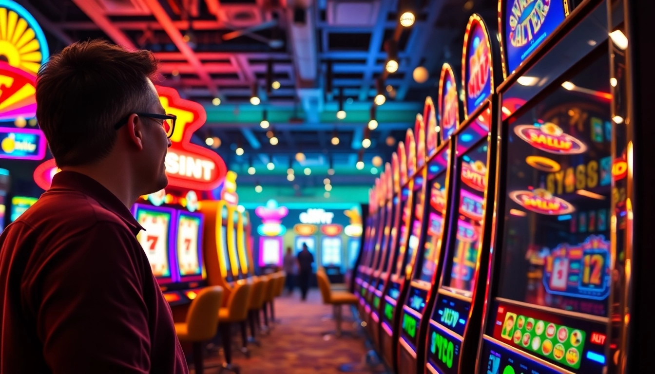 Slot Game yang menarik dengan pemain antusias dan mesin slot bercahaya di kasino.