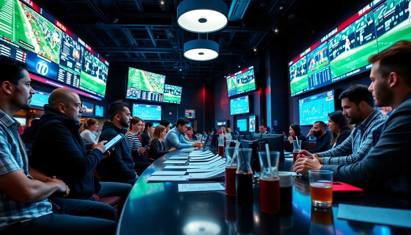 Engaged individuals participating in online Betting at a vibrant sportsbook, analyzing odds and statistics.