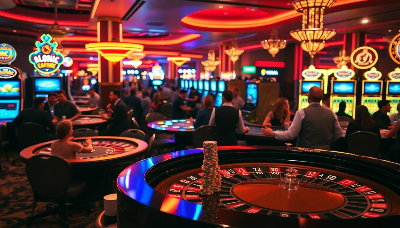 Engaging casino floor showcasing players at roulette table and vibrant atmosphere