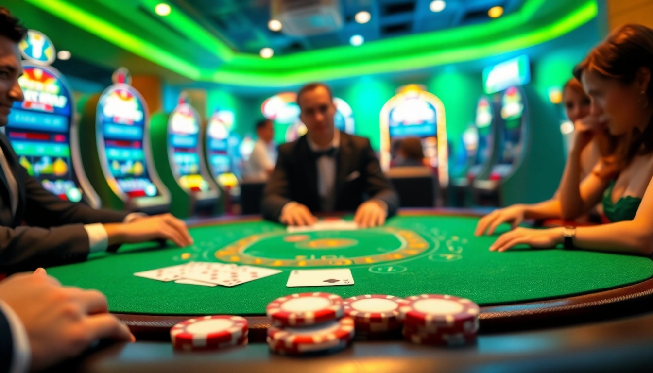 Engaged players at a Blackjack Casino table, focusing on cards and chips amidst a vibrant casino atmosphere.