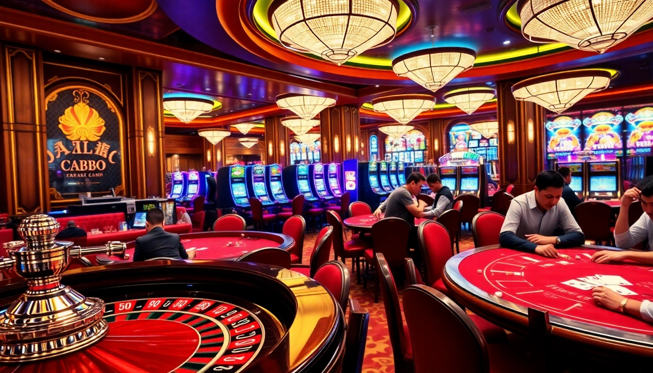 Exciting scene at Nhà Cái BJ888 showcasing a vibrant casino atmosphere with roulette and poker tables.