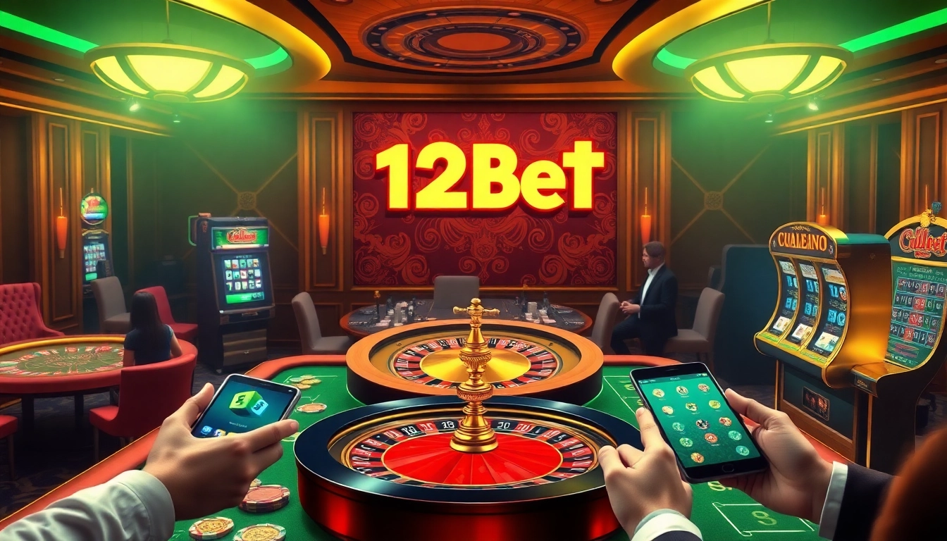 Exciting online gambling interface depicting ink vao 12bet with roulette wheel, poker table, and vibrant players.