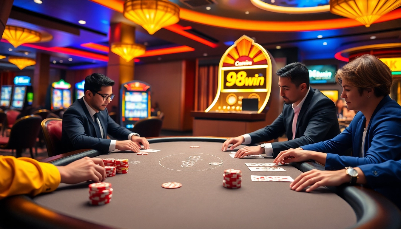 Experience the thrill of high-stakes gambling at the 98win com casino, showcasing vibrant poker action and dazzling slot machines.