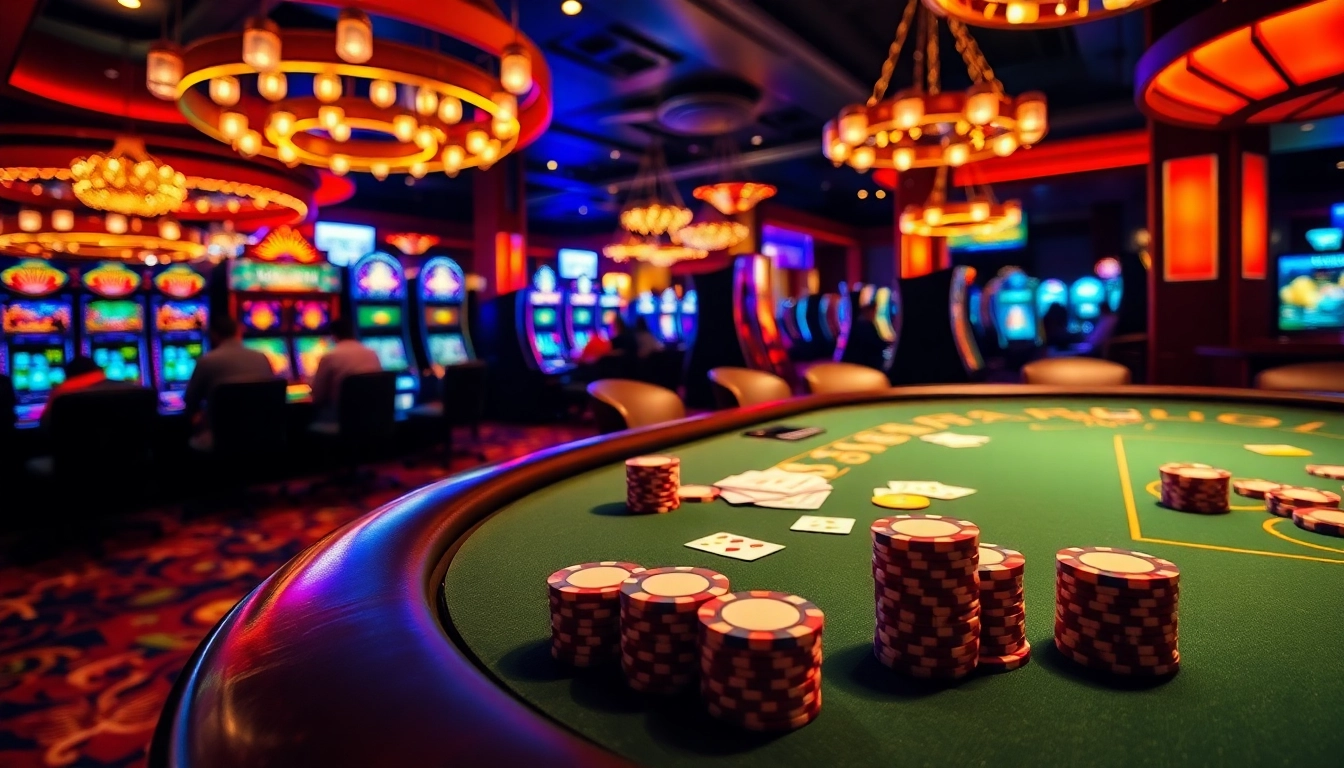 Experience a thrilling game at C168's luxurious casino tables with poker chips and vibrant slot machines.