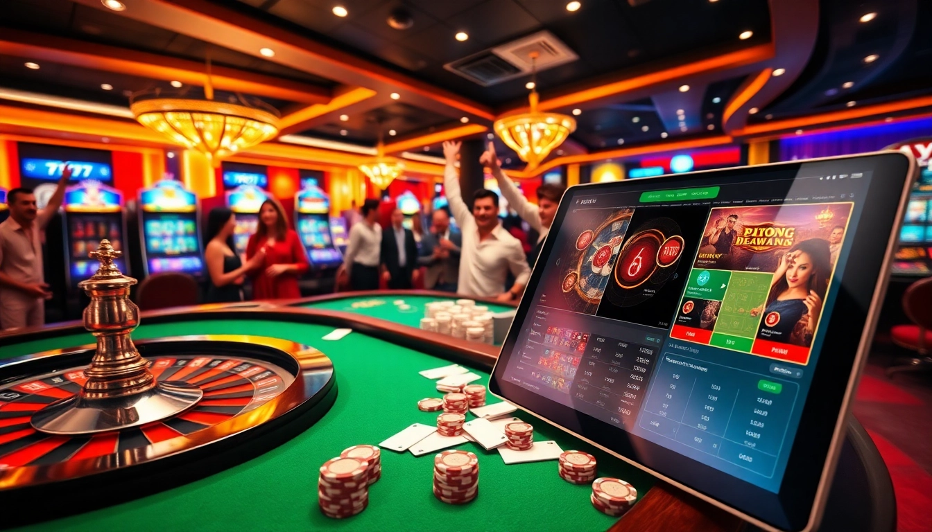 Players enjoying the 7C77 casino experience with vibrant slot machines and roulette tables.