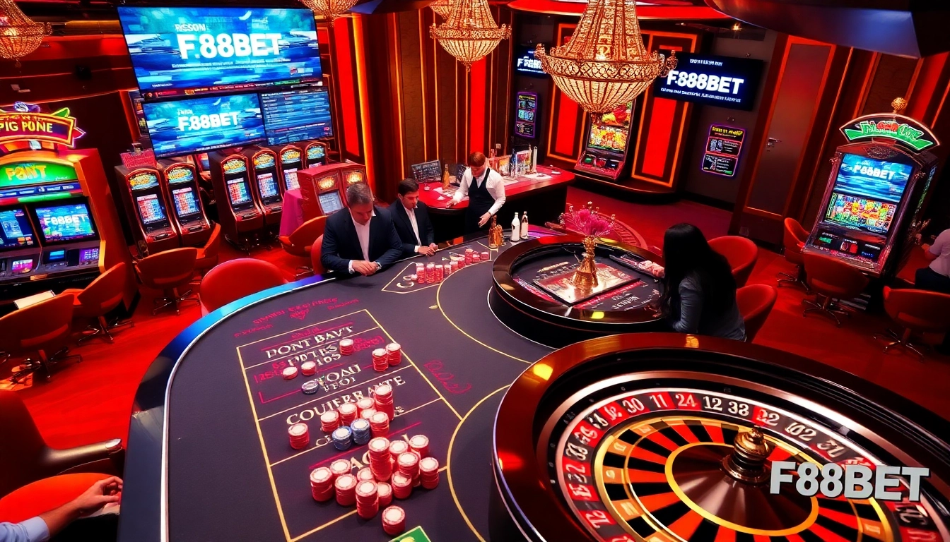 Exciting gambling scene showcasing F88BET with vibrant casino tables and slot machines.