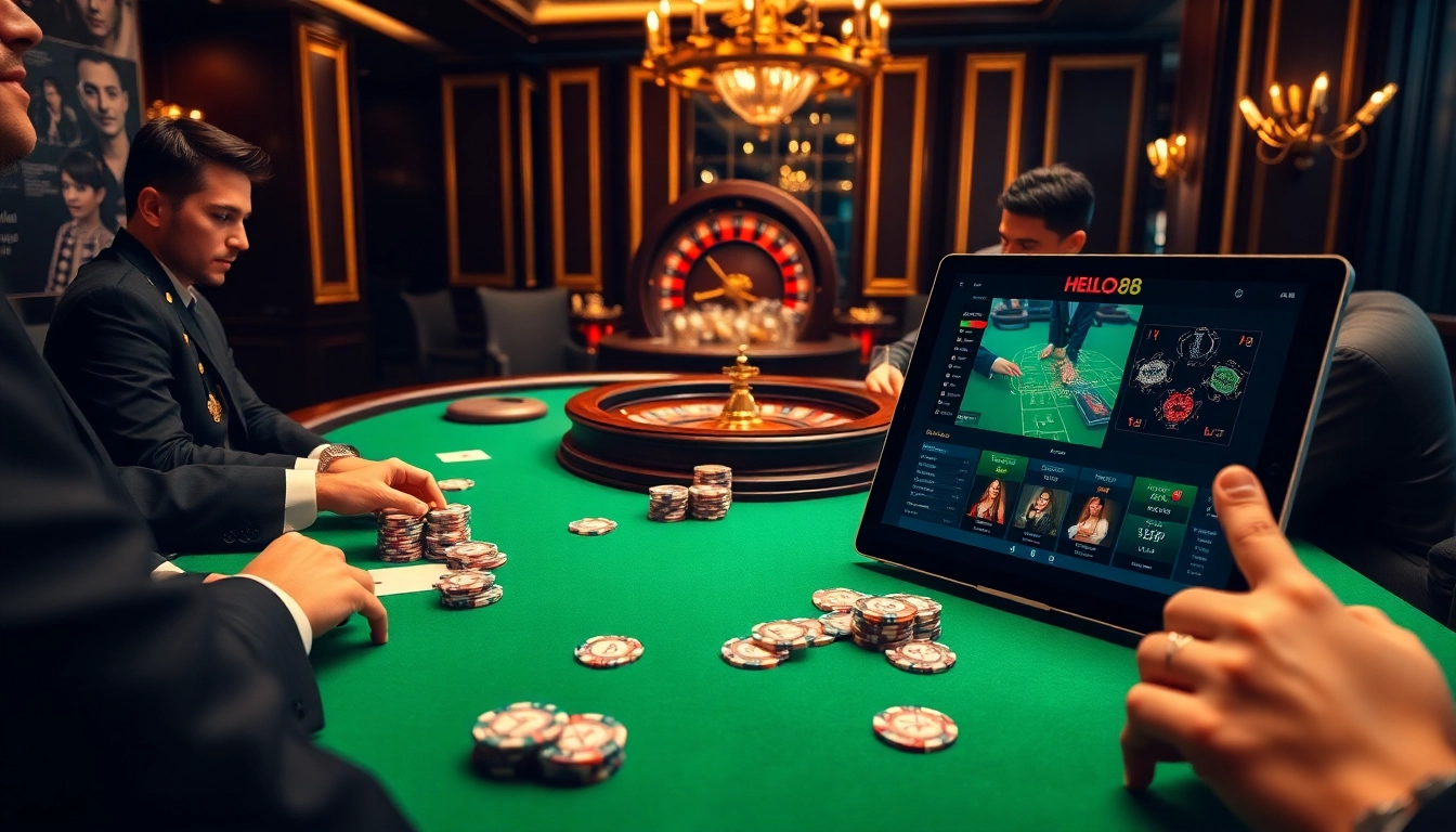 Hello88 players enjoying an exciting poker game at a luxury casino table, showcasing poker chips and cards.