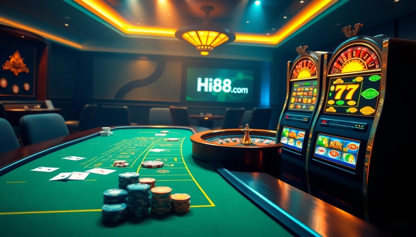 Engage in thrilling online gambling with Hi88 com's vibrant casino scene, showcasing poker, roulette, and slot machines.