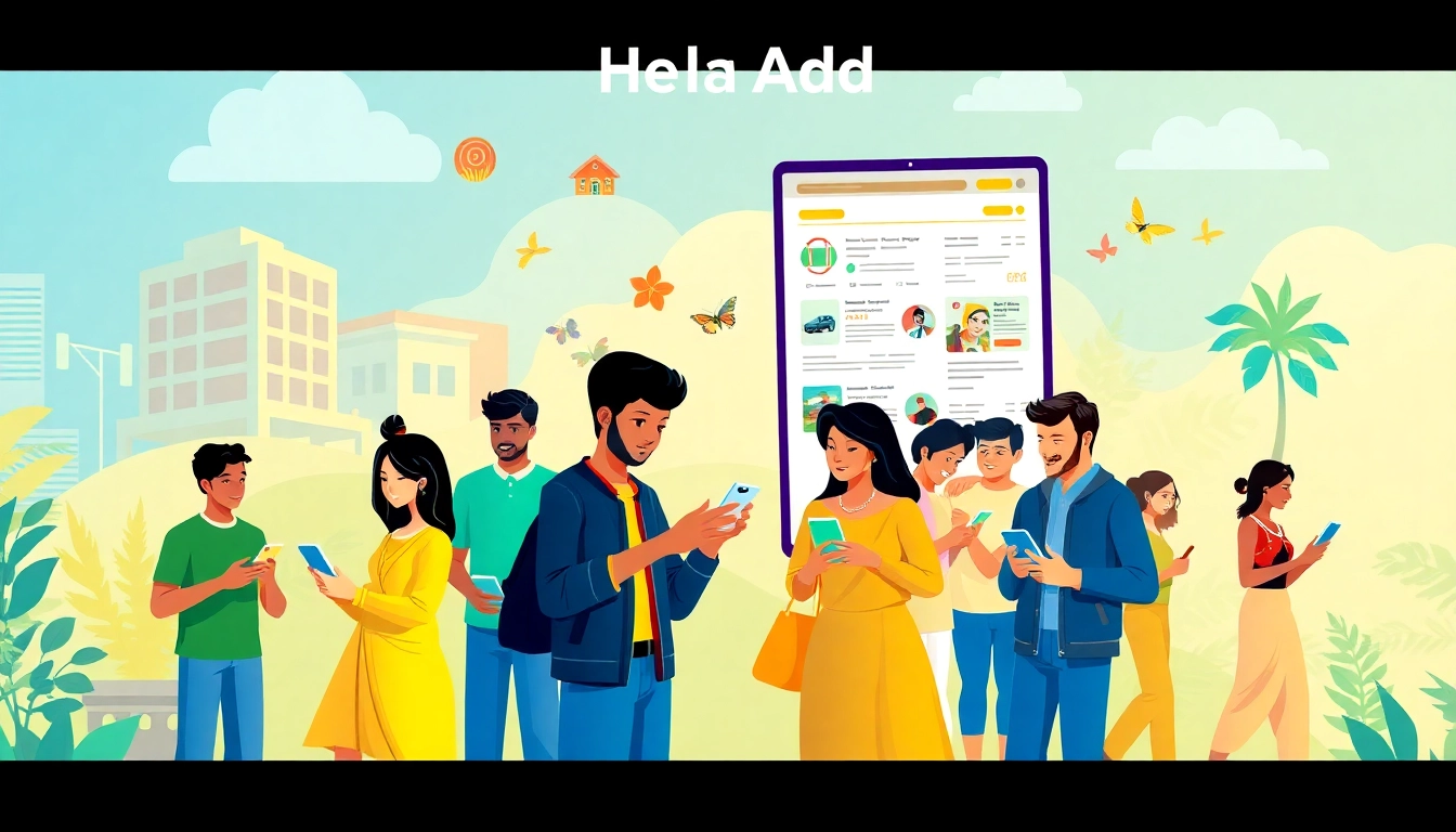 Dynamic digital advertisement for Hela Add showcasing diverse users engaging with a classifieds platform.
