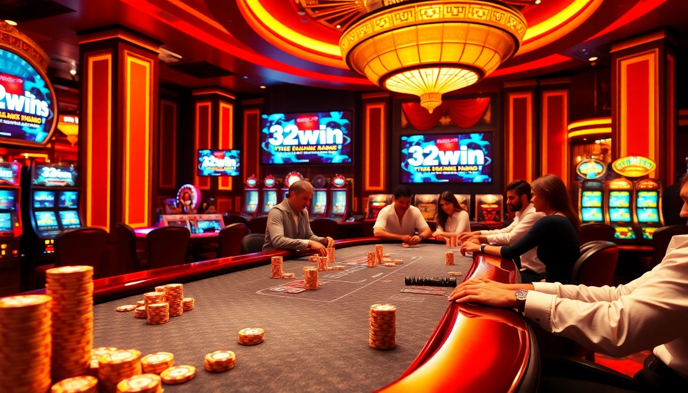 Players enjoying a game of poker at a vibrant casino table, highlighting 32win3 action.