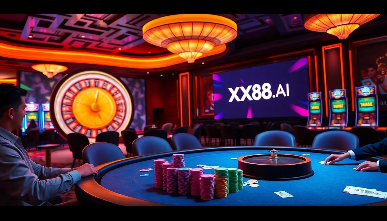 Players enjoying poker at XX88.AI casino, surrounded by vibrant lights and betting chips.