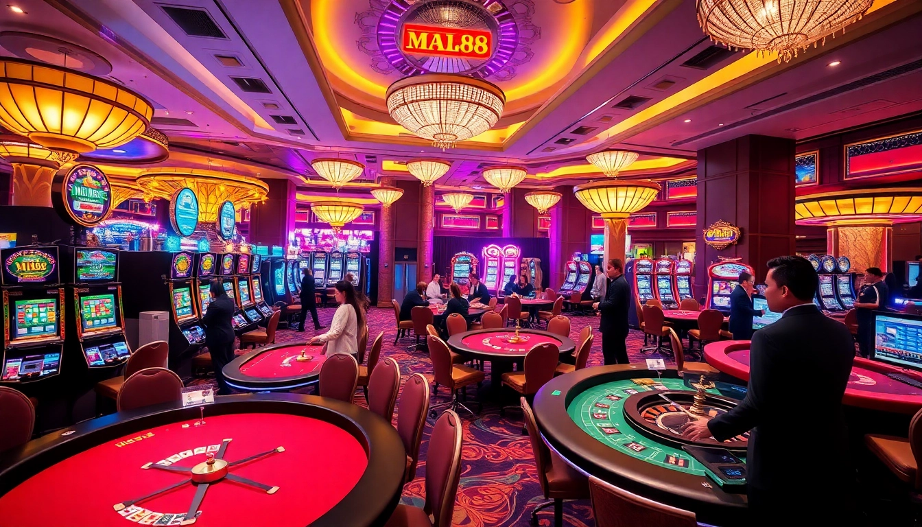 Exciting gaming scene featuring vibrant tables and slot machines at https://mm88.sa.com/ with lively players engaged in gambling.