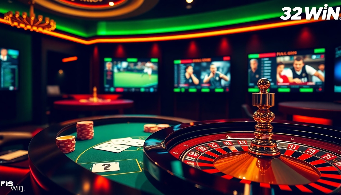 Experience thrilling games at Nhà Cái 32WIN with vibrant casino tables and live betting!