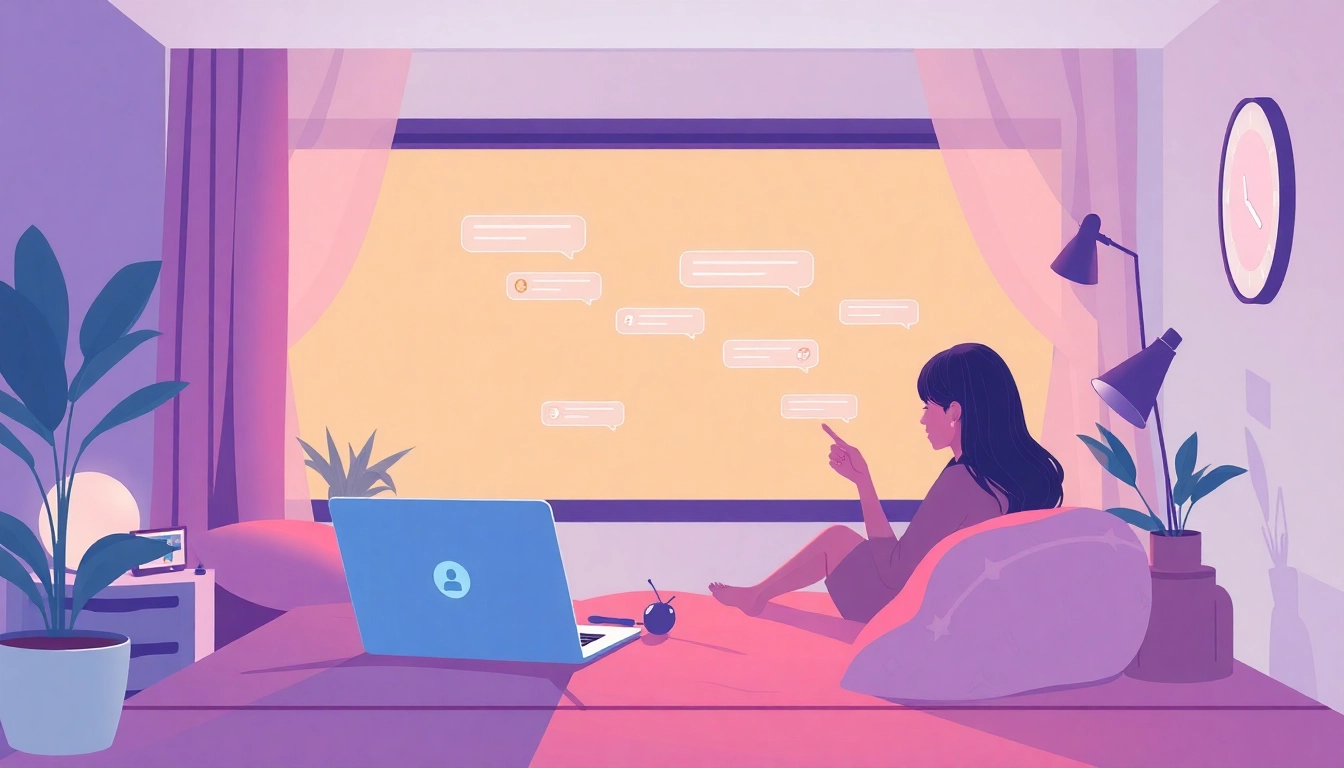Engaging scene of a user interacting with a friendly AI companion in a cozy chatroom, illustrating the concept of sex ai chat.