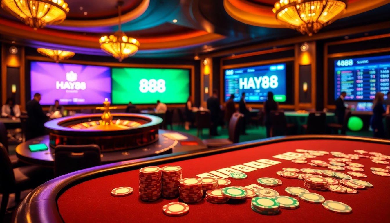 Experience excitement at Hay88 with a luxurious casino scene filled with poker tables and roulette wheels.