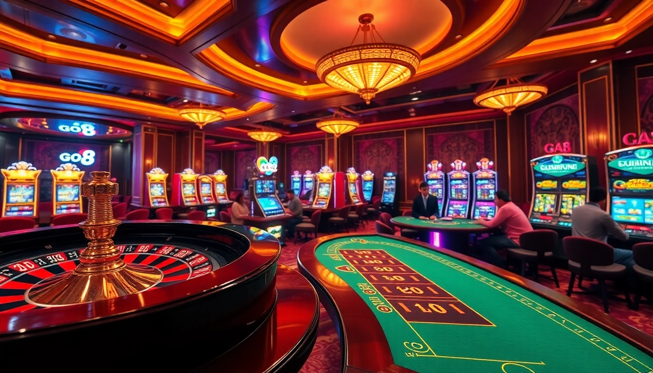 Experience the allure of the go8 game with players surrounded by vibrant casino elements.