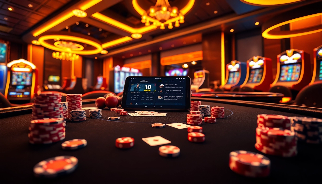 Experience excitement at trang chủ jbo with vibrant casino elements like poker chips and a roulette wheel.