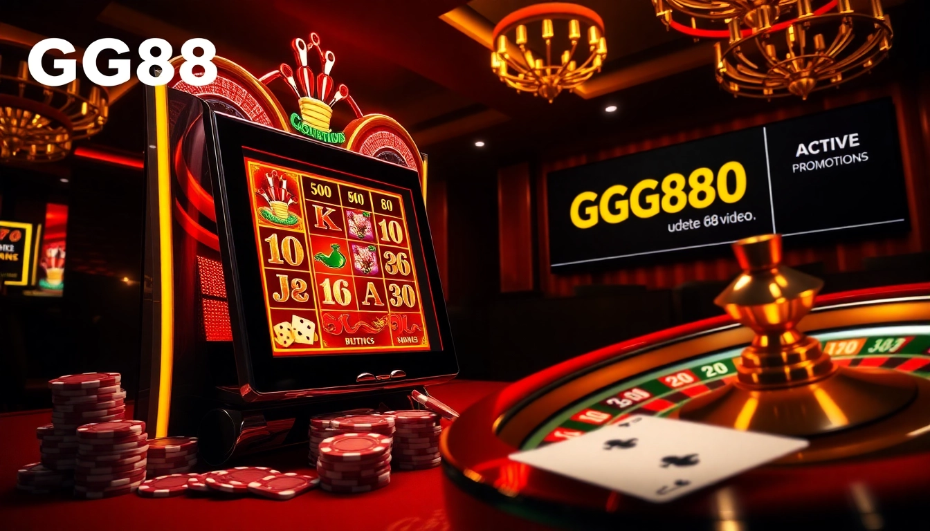 Engage in exciting gameplay at https://gg88.video/ with a luxurious casino scene featuring vibrant slots and poker elements.