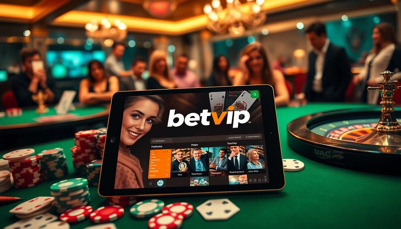 Người dùng háo hức tương tác với ứng dụng BetVIP giữa những biểu tượng casino cổ điển như chip poker và lá bài.