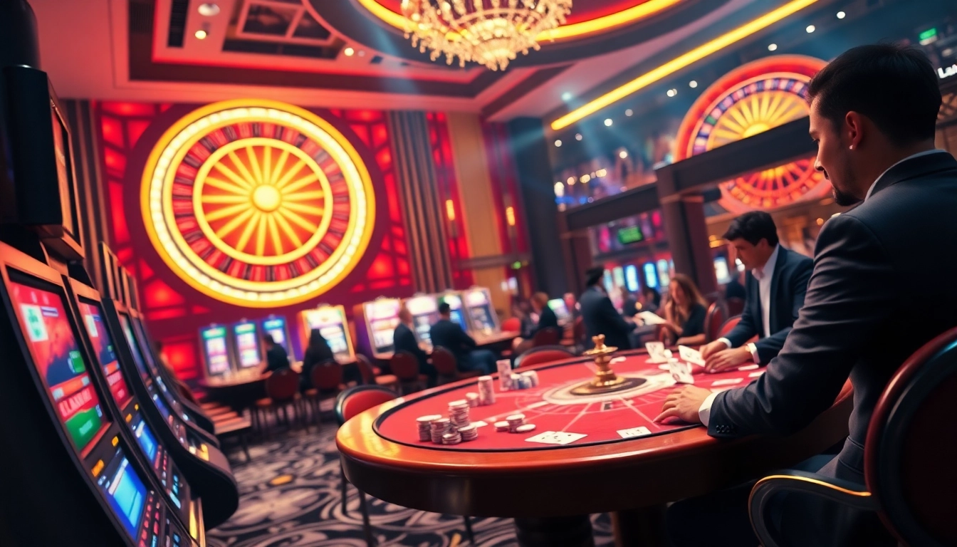 Experience the thrill of 222bd with a vibrant casino scene featuring slot machines and gaming tables.