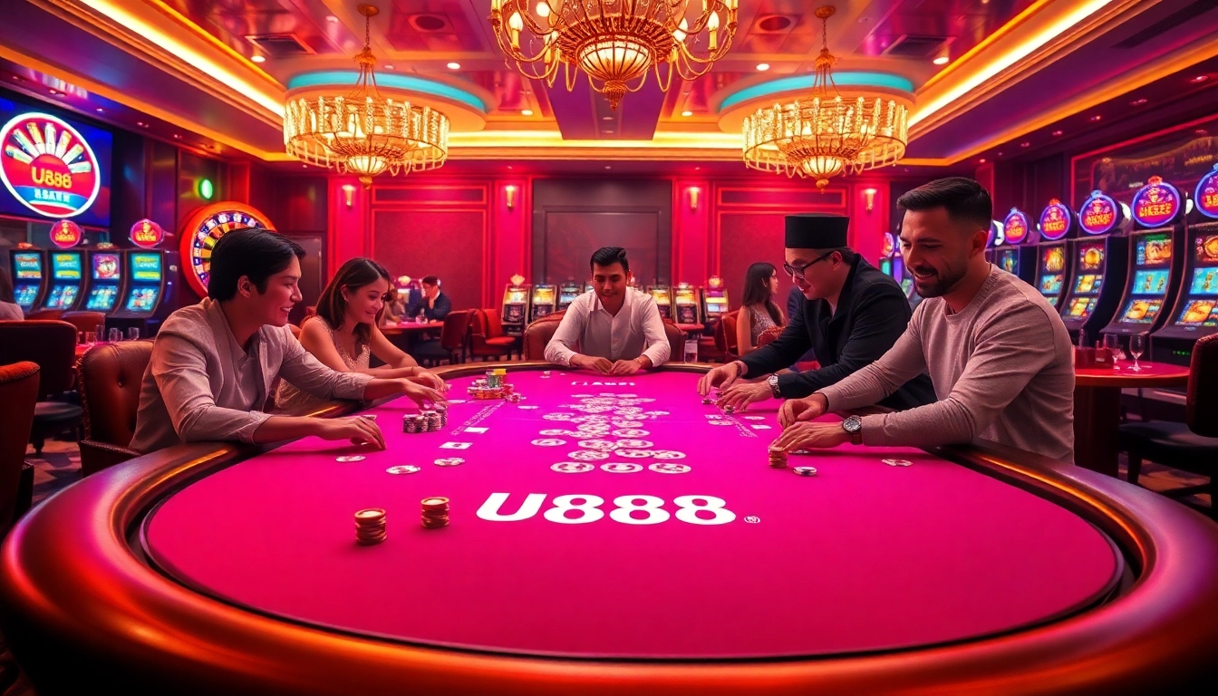 Excited players at a u888-themed casino table with vibrant colors and gaming elements.
