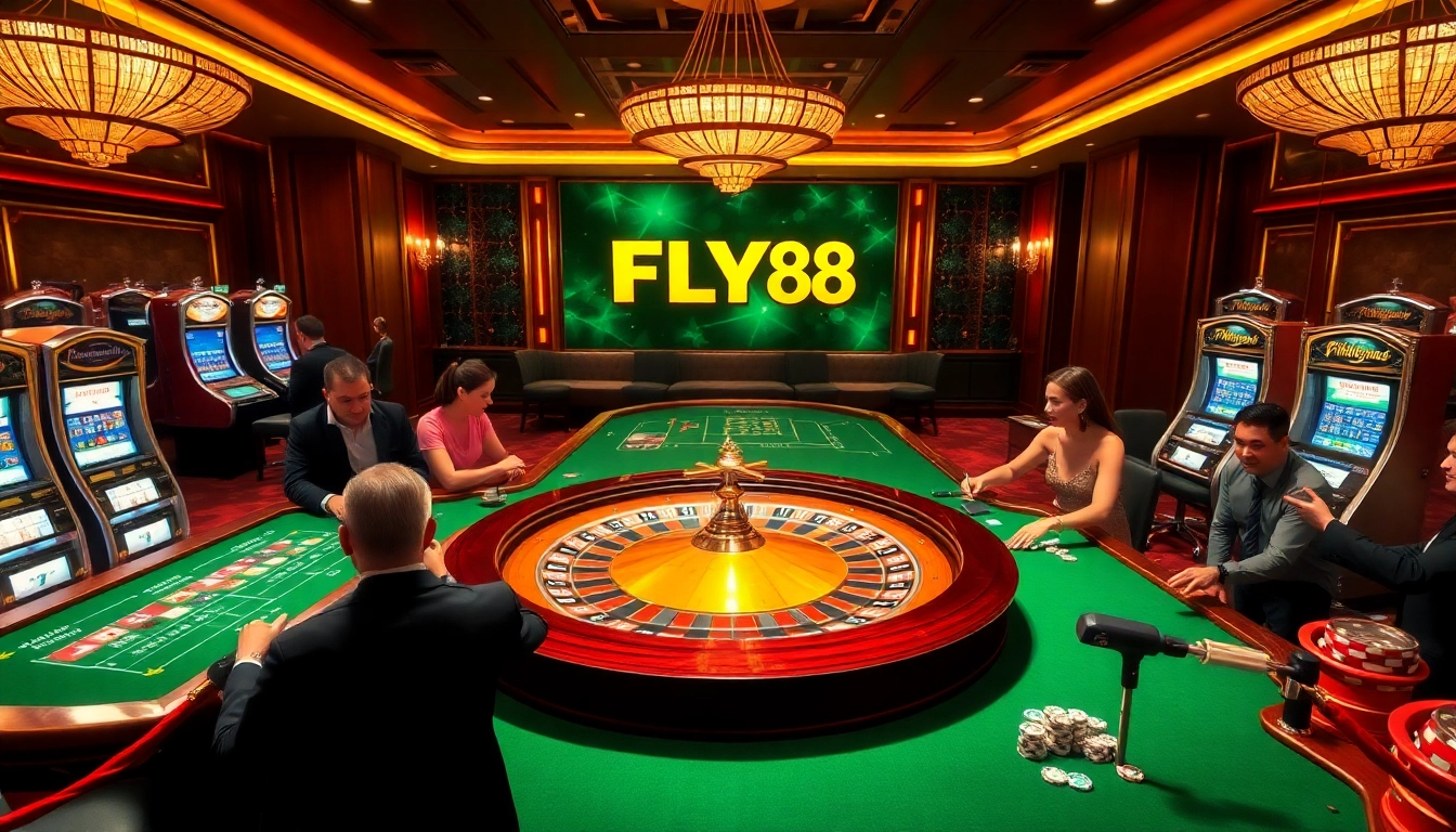 Experience the thrilling atmosphere of betting at FLY88’s luxurious casino with roulette and poker.