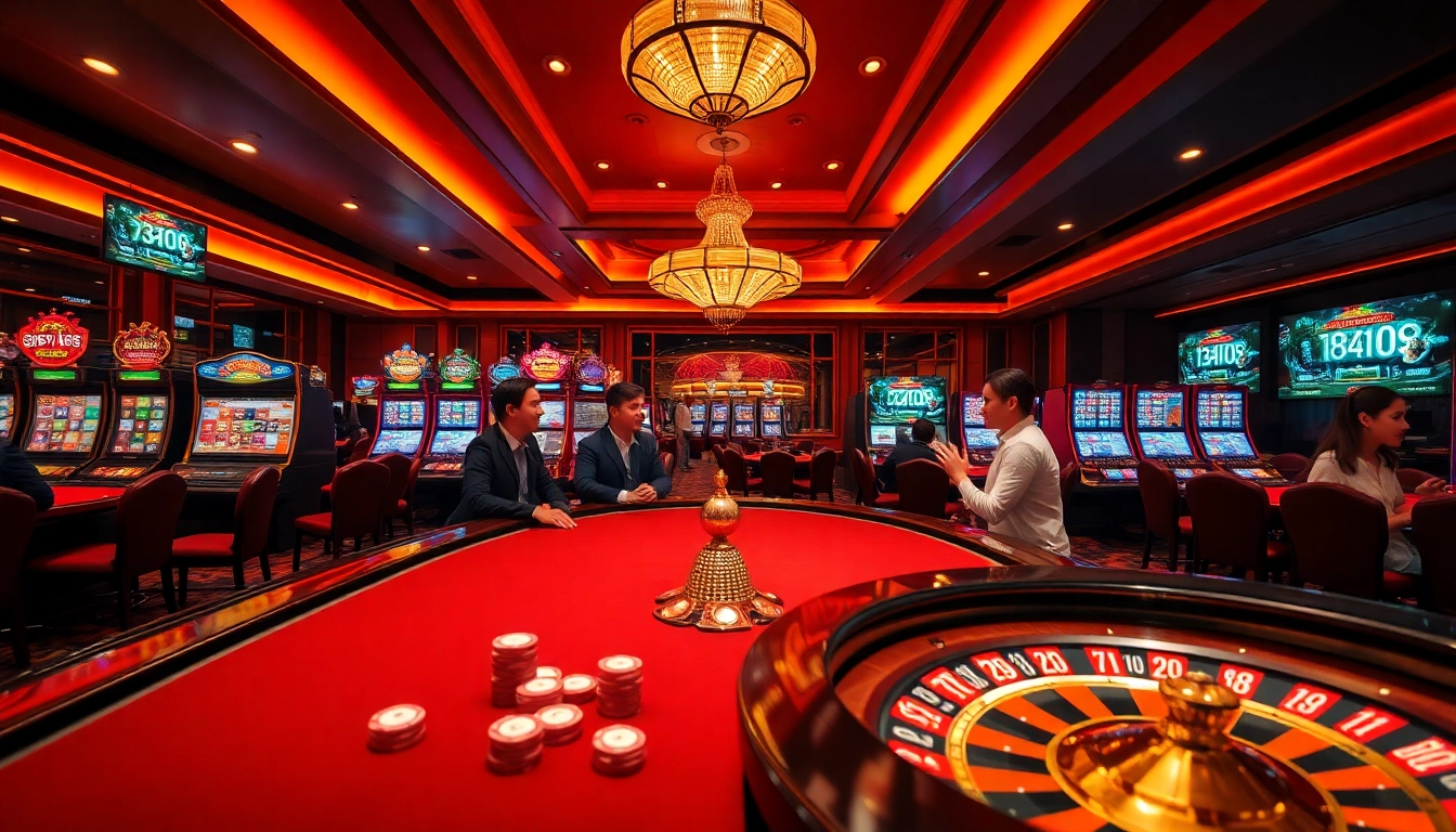 Pahala4d players strategizing at a luxurious poker table in a vibrant casino.