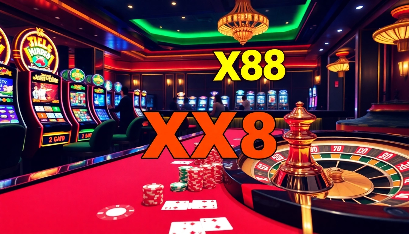 Experience the thrill of casino gaming with XX88 poker chips and vibrant slot machines.