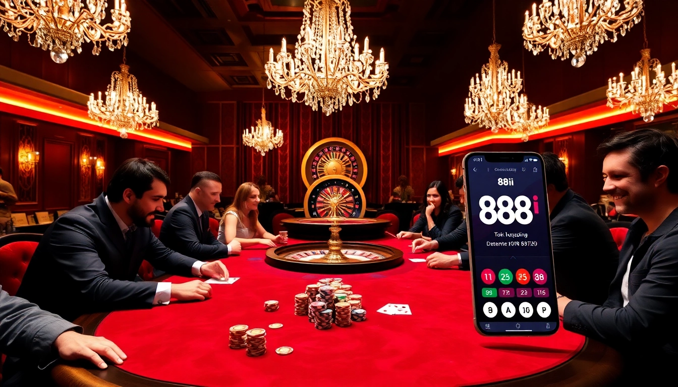 Gambling enthusiasts play at an 88i-themed poker table with vibrant chips and exciting atmosphere.