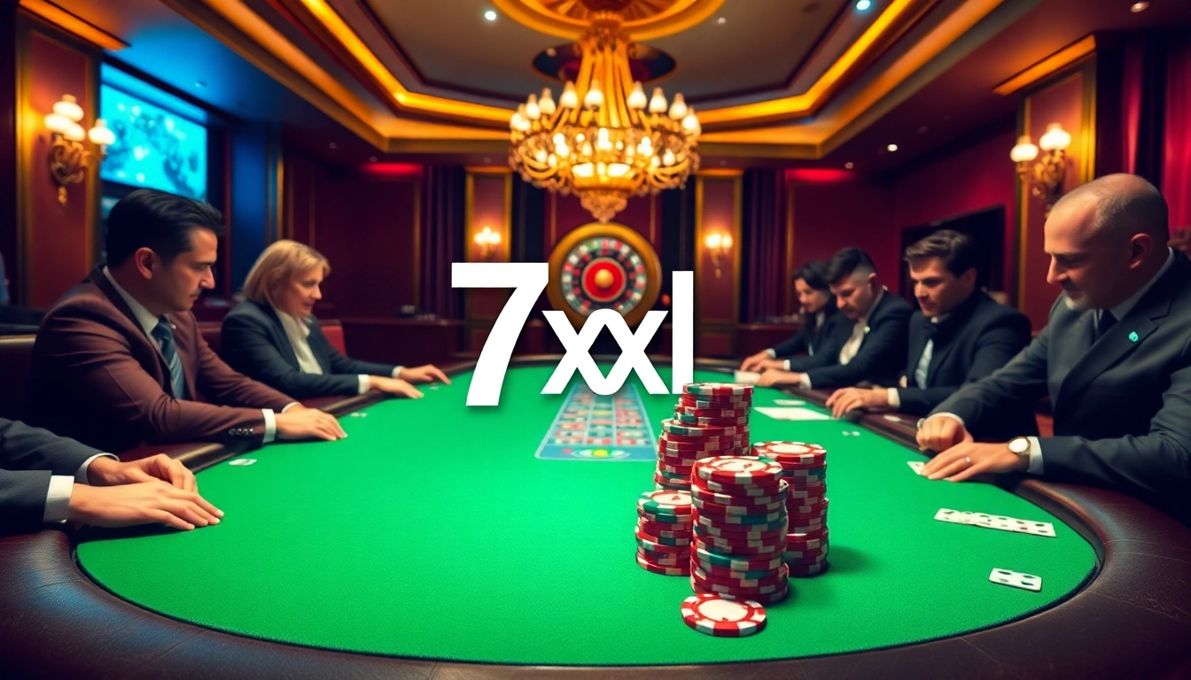 Players engaged at a poker table showcasing 7xl סוכן with vibrant chips and cards, embodying high-stakes gambling.