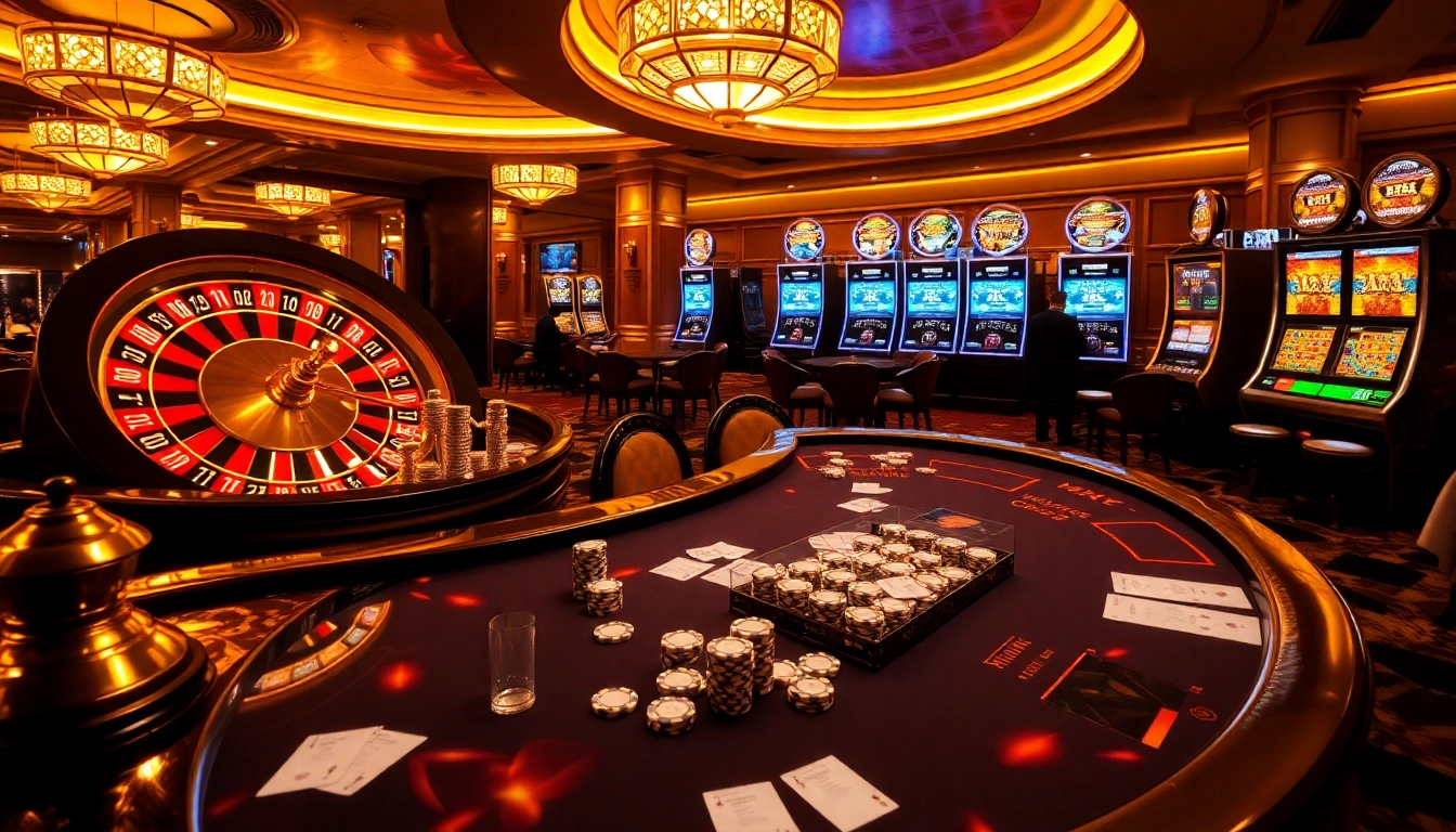 Gamblers enjoying dynamic action at a MK8-inspired casino with roulette, poker, and slots.