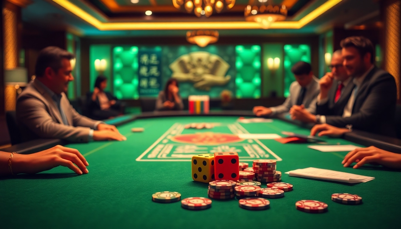 Tai xỉu players analyzing strategies at a glamorous casino table.