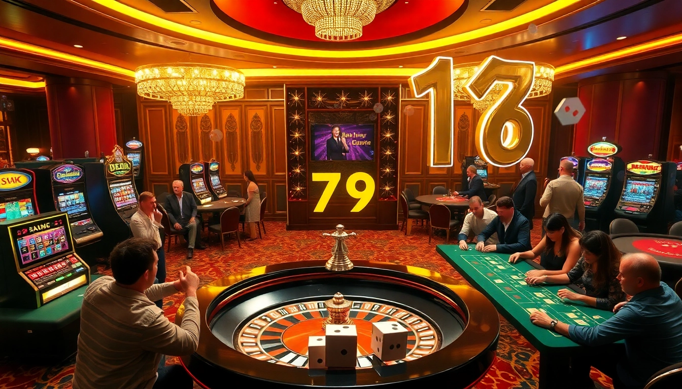 Players enjoy thrilling games at the casino, experiencing the excitement of 79 king with roulette and poker tables.