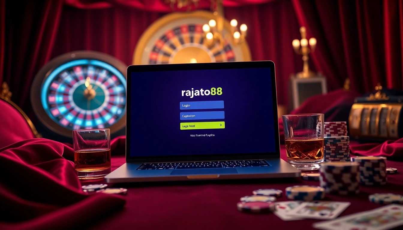 Engaging scene of login rajatoto88 on an elegant casino laptop with poker chips and cards.