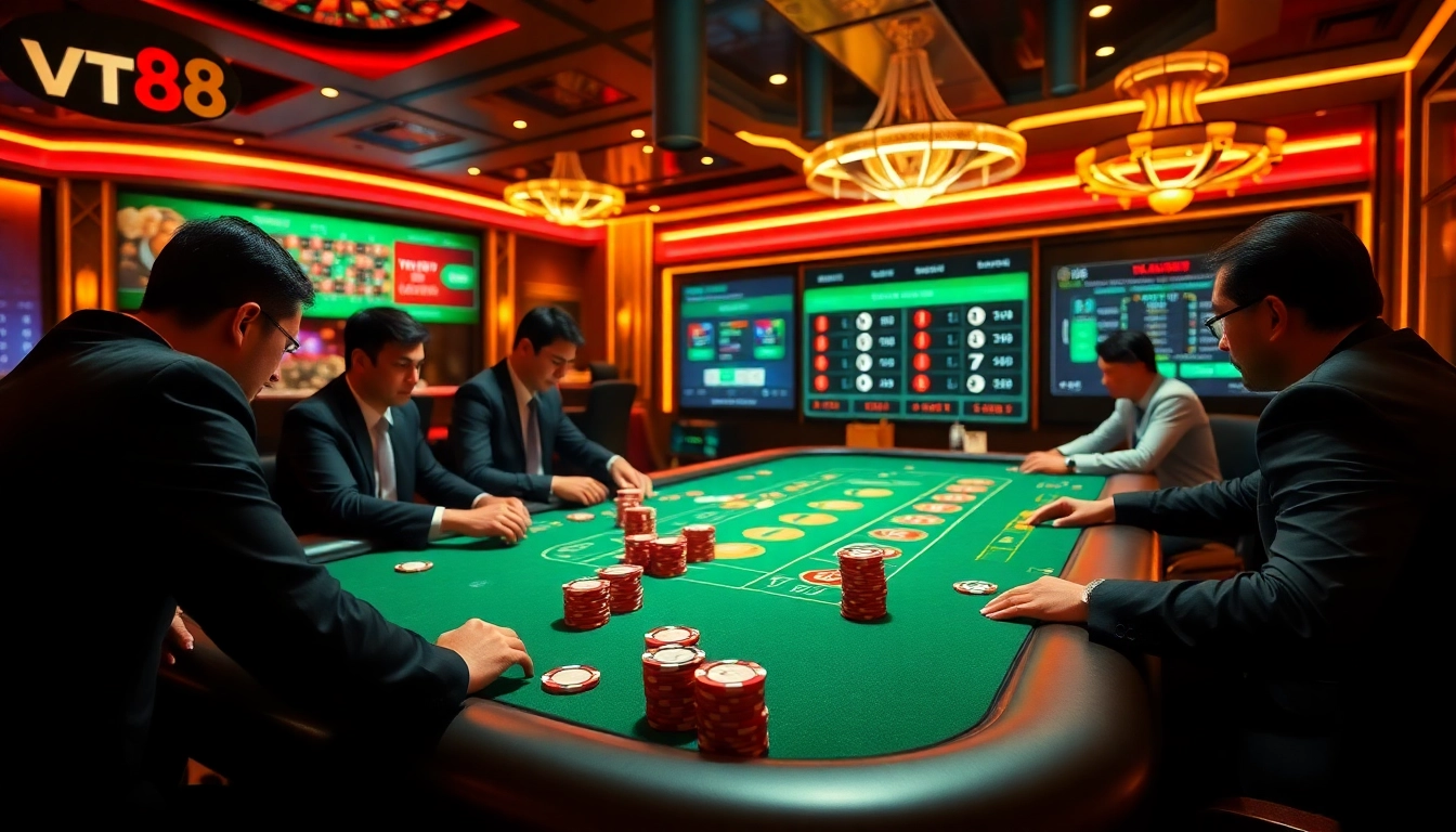 Vt88 nhà cái showcases an exciting poker game with vibrant chips and a sleek digital interface.