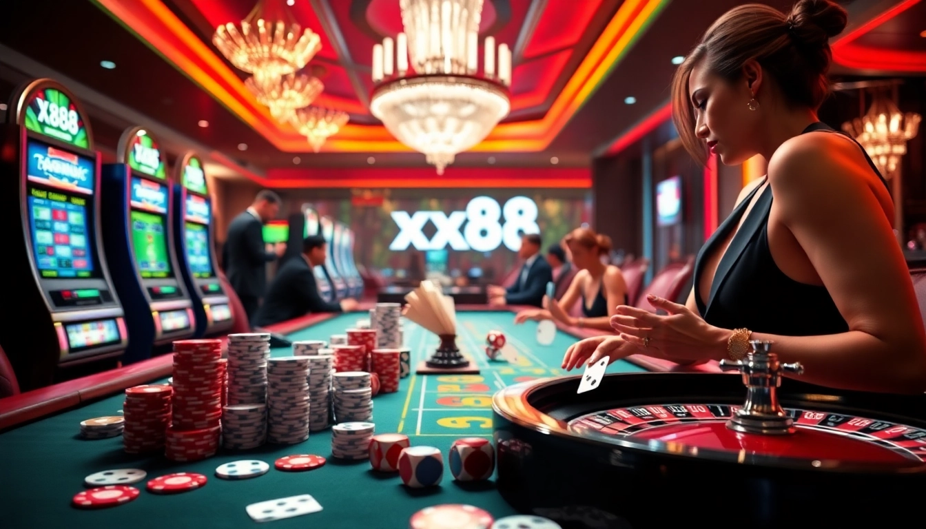 Players enjoy an exciting round of poker at an xx88 casino table, capturing the thrill of gambling.