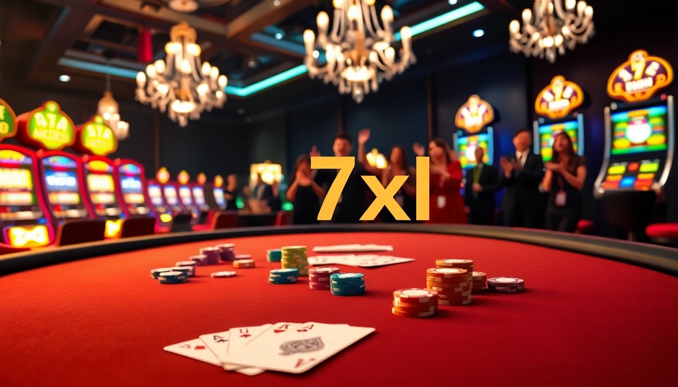 משחק פוקר מרגש המציג את 7xl עם שבבים צבעוניים וקלפים בקזינו יוקרתי.