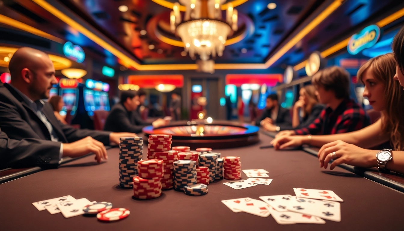 Players at a poker table strategizing in a vibrant casino atmosphere, highlighting the allure of 5z777 gaming.