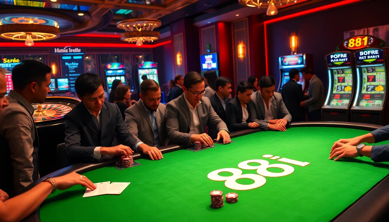 Gamblers at an 88i poker table in a high-stakes casino, capturing the excitement and elegance of betting.