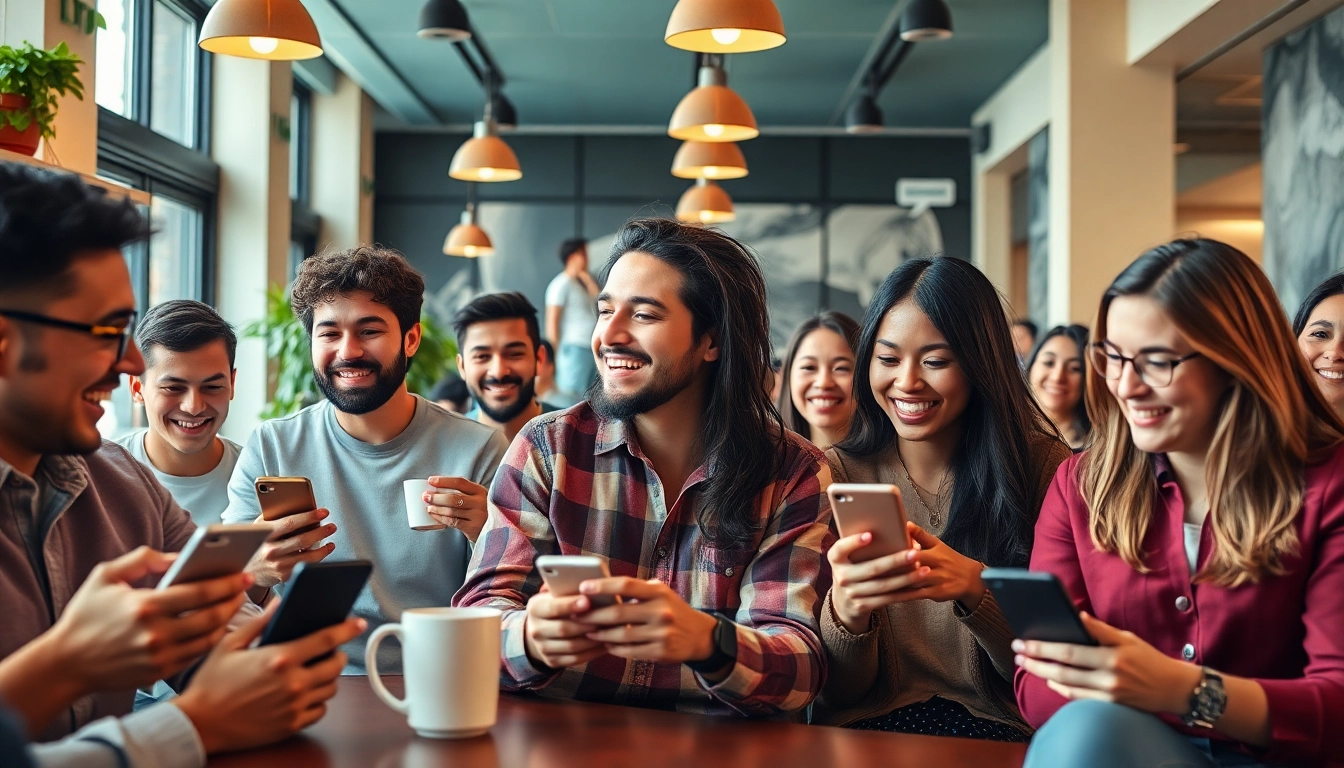 مشهد جذاب لمجموعة متنوعة من الأفراد يستخدمون الأجهزة المحمولة في مقهى، يعكس مجتمع دردشة شات تعب قلبي النابض بالحياة.