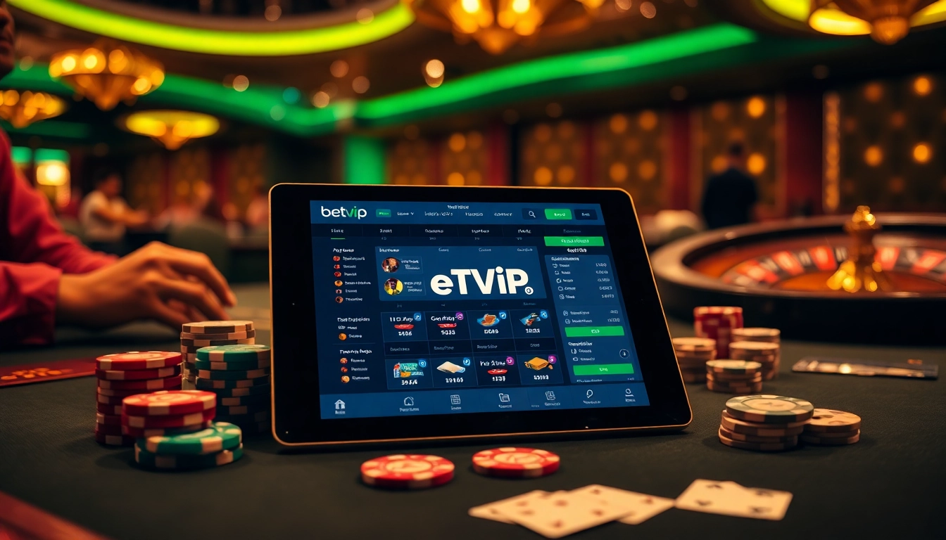 Tương tác với ứng dụng betvip tại bàn casino sang trọng với các chip poker và vòng quay roulette.