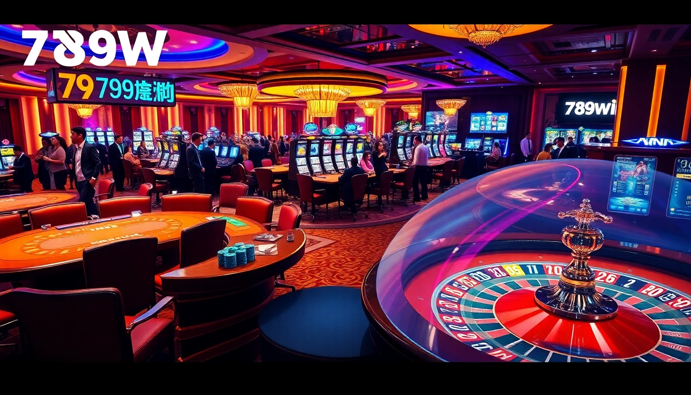 Exciting casino scene highlighting 789WIN with players at poker tables and vibrant slot machines.