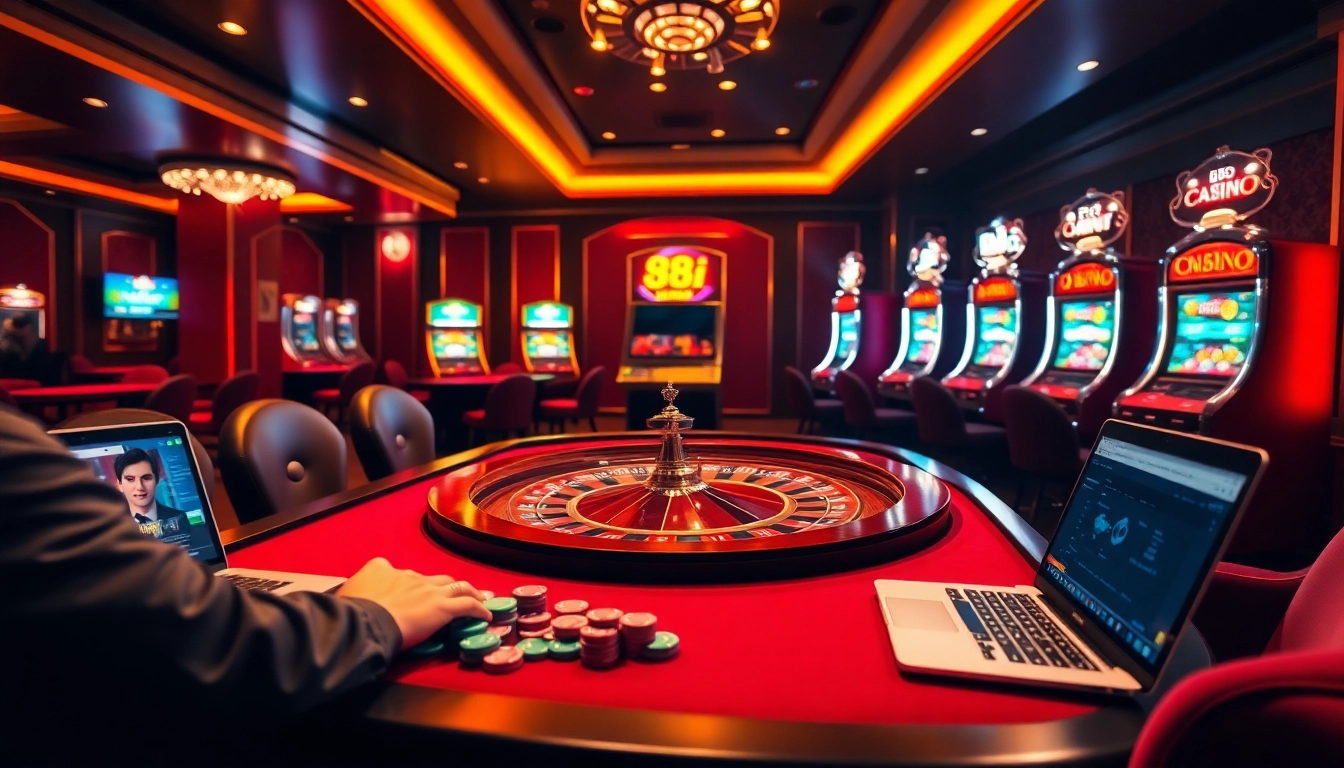 Engaging poker action at the 88i casino with vibrant chips and a roulette wheel.