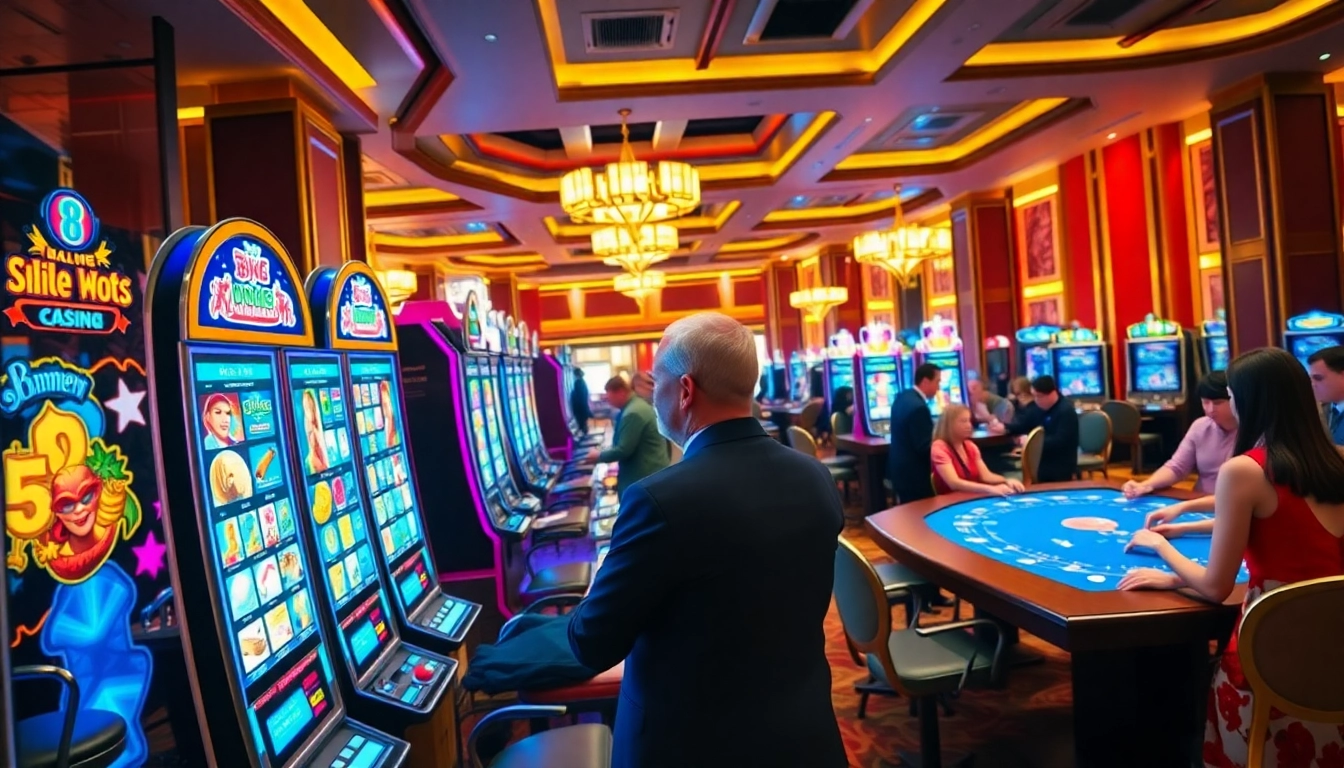 Experience the excitement of bk8 สล็อต at a vibrant casino with colorful slot machines.