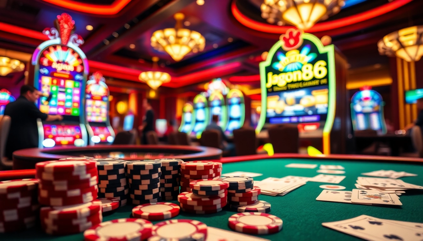 Engaging casino scene illustrating jagoan86 at a vibrant poker table with players and slot machines.