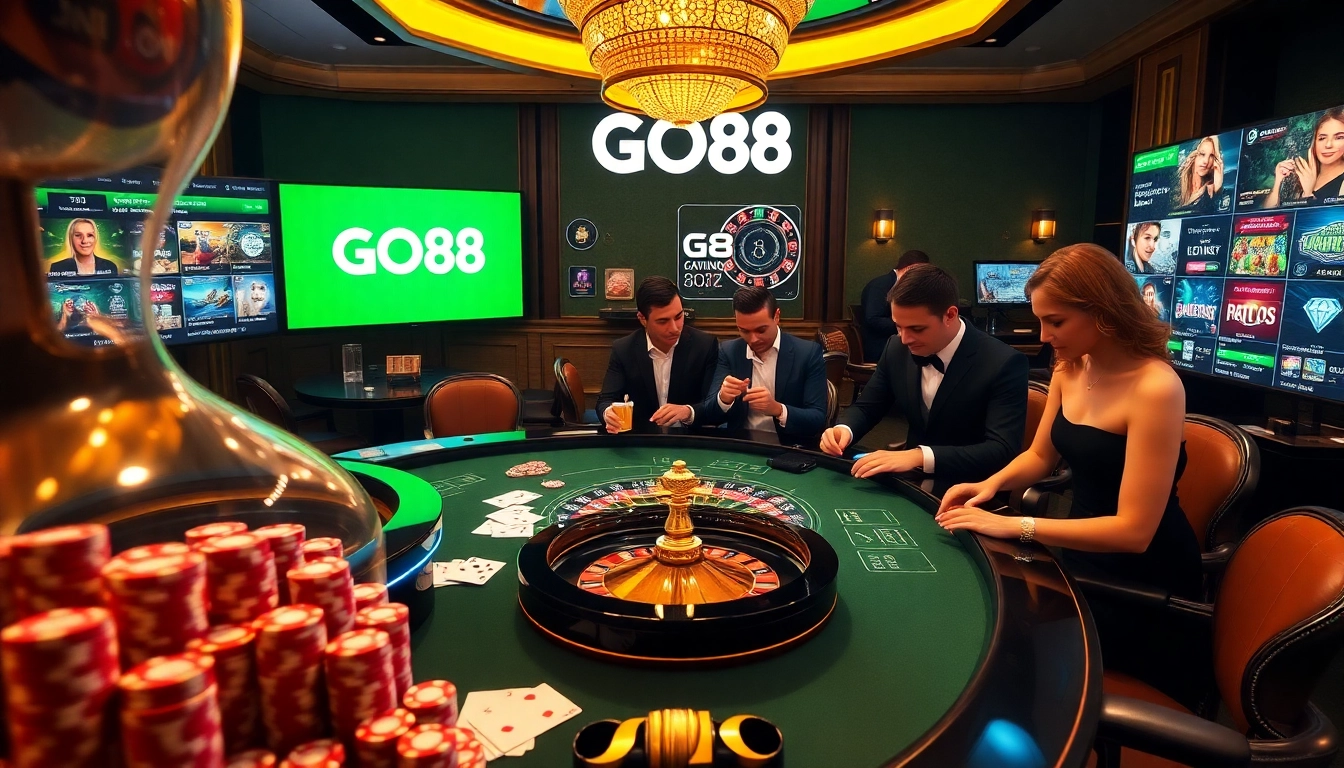 Players enjoying a thrilling gamble at GO88 with vibrant casino elements.