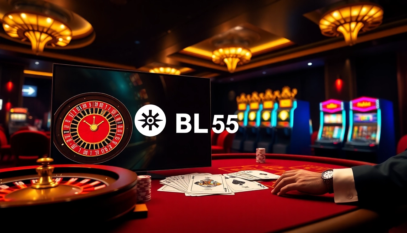 Engage with Trang chủ BL555's luxurious online gambling experience featuring poker chips and roulette.