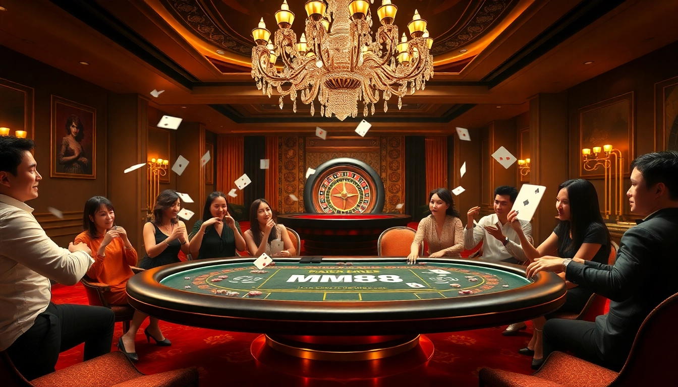 Players enjoying a thrilling game at an MM88 poker table in a luxurious casino setting.