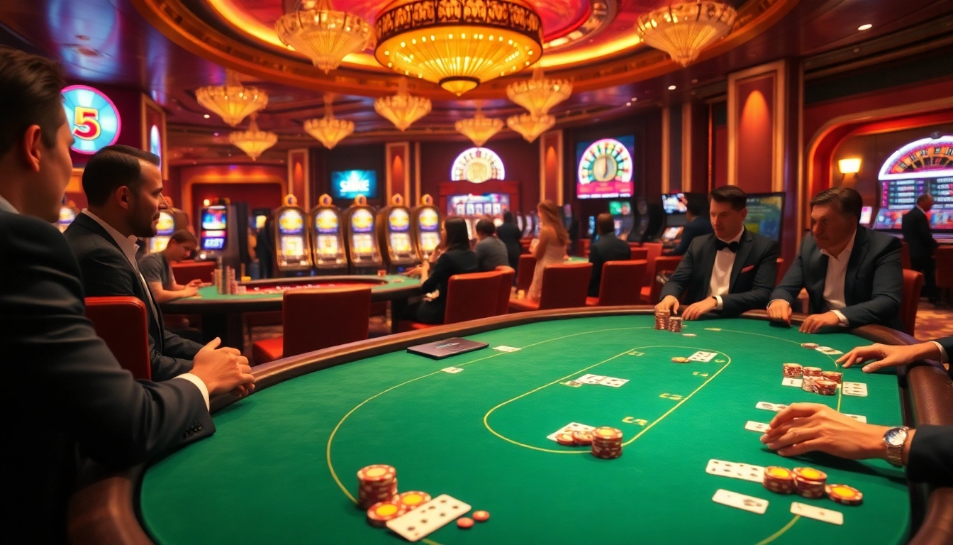 אקשן פוקר בהימור גבוה בקזינו Stake עם צ'יפים צבעוניים ושחקנים אלגנטיים.