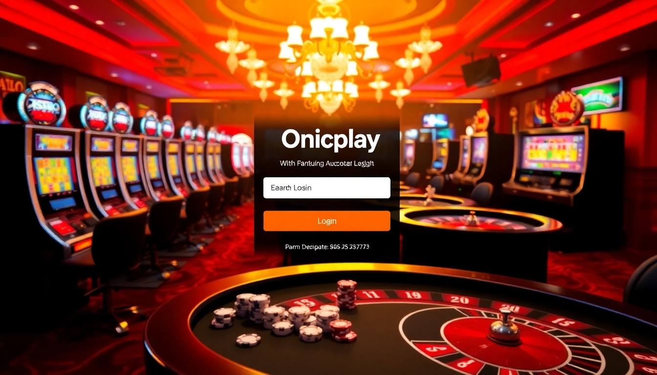 Engage with onicplay login through a dynamic casino environment filled with vibrant slot machines and poker tables.